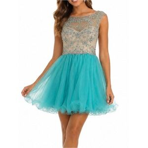 Turquoise Tulle Beaded Homecoming Dress Illusion Neckline Open Back Mini Size S